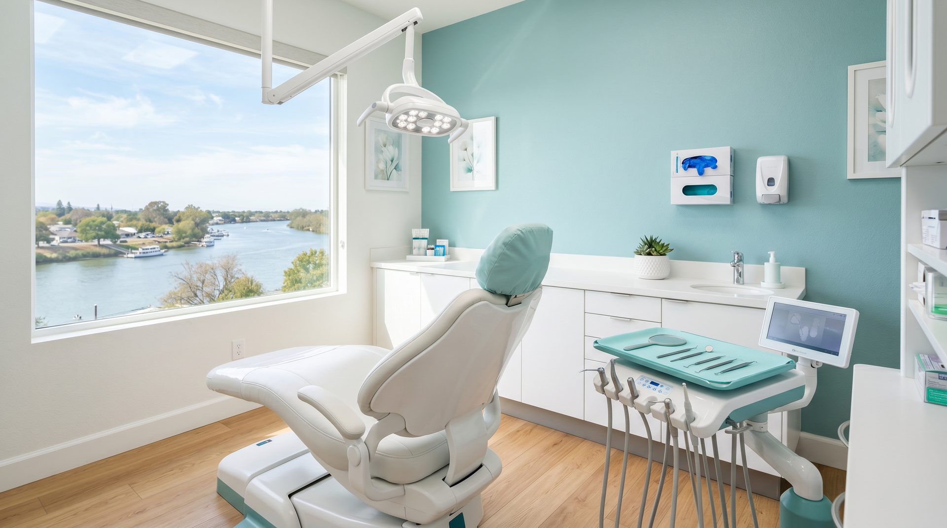 Bright, modern dental operatory at Rio Vista Dental with a comfortable chair and teal accents