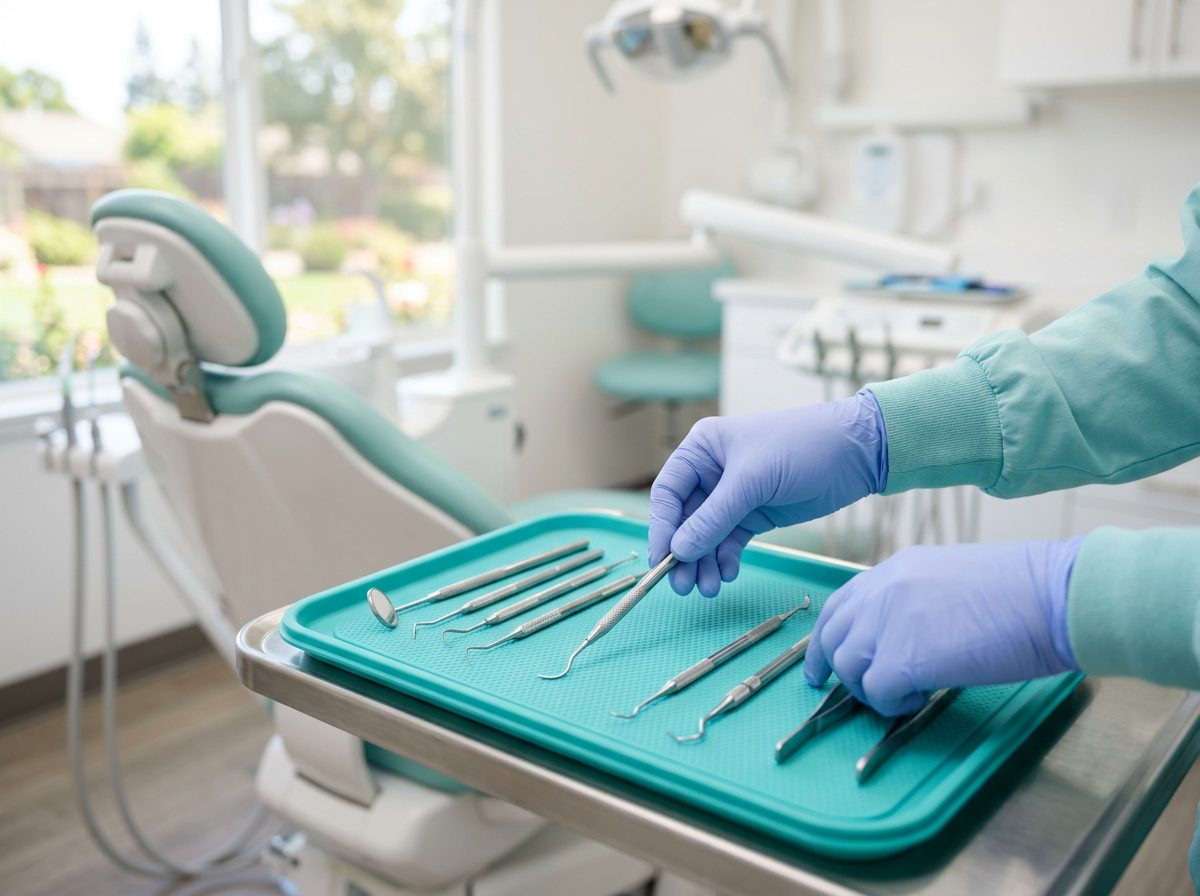 Sterile dental instruments neatly arranged on a teal tray at Rio Vista Dental