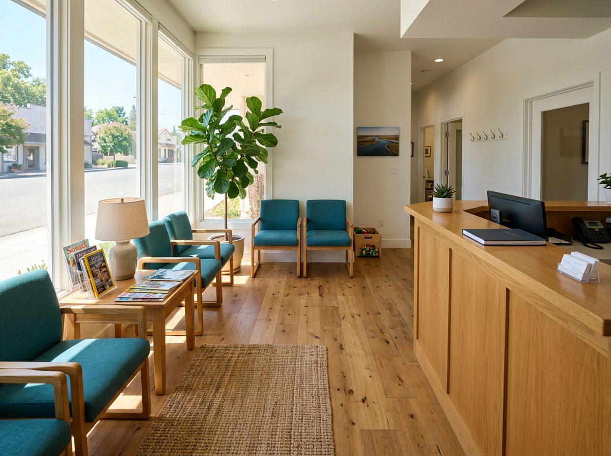 Welcoming reception and waiting area at Rio Vista Dental with teal chairs and natural light